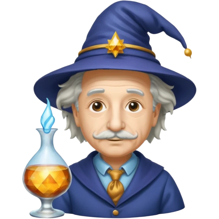Albert Einstein, wearing wizard hat custome, with glass vase emoji