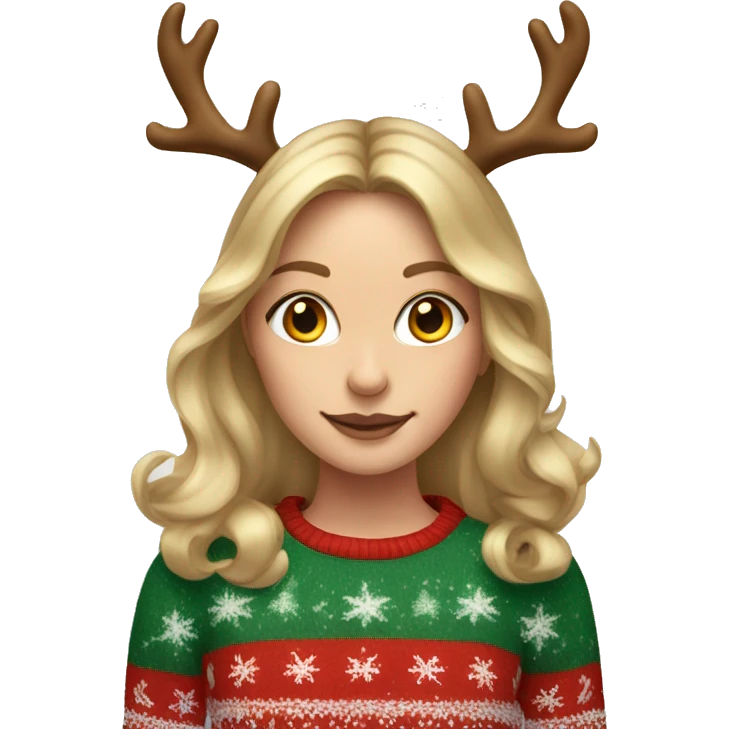 dark blond hairwd girl with christmas sweater and raindeer horns emoji