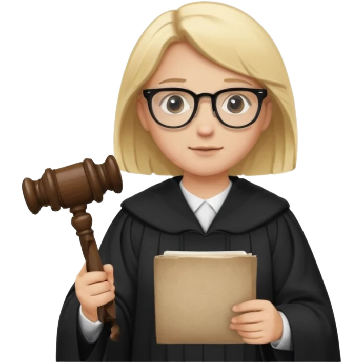 Young judge, blonde hair with glasses and robe, hold a paper and gavel emoji