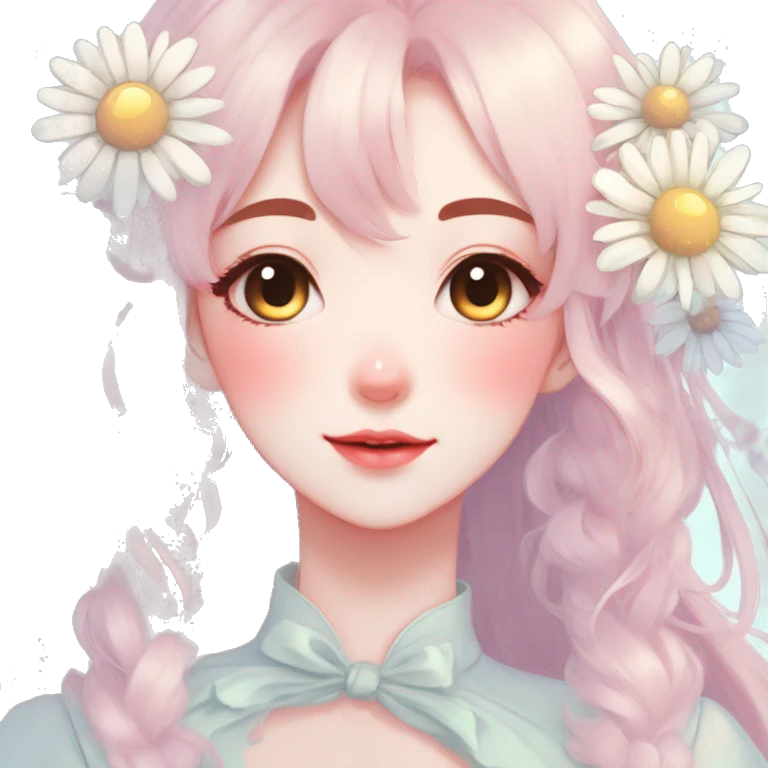 Gorgeous pastel anime style lady with blushing face and daisies cottagecore fairycore pastelcore colorful pearly romantic simplistic aesthetic trending style emoji