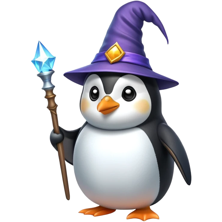 a penguin wearing a wizard hat and holding a magic wand emoji