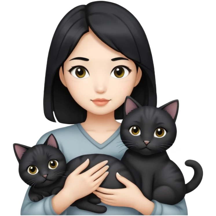 Asian girl with shoulder length black hair, grey highlights. Holding two black cats.  emoji