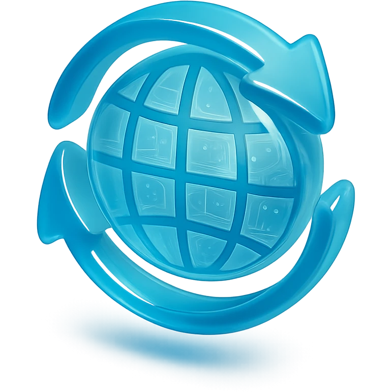 Minimalist icon of a globe with arrows circling around it, flat design, representing website traffic, cyan blue emoji