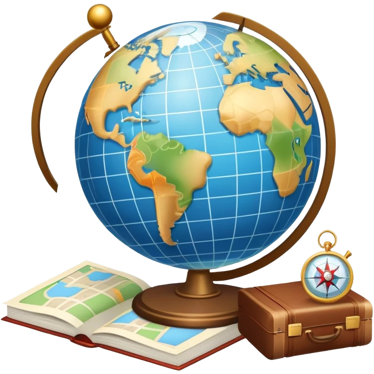 An icon featuring a hotel building, and a globe, symbolizing the scientific study of tourism and hospitality. The design includes a map, a compass, and a checklist, representing travel planning and service management. Transparent background highlights the academic exploration of the tourism industry emoji
