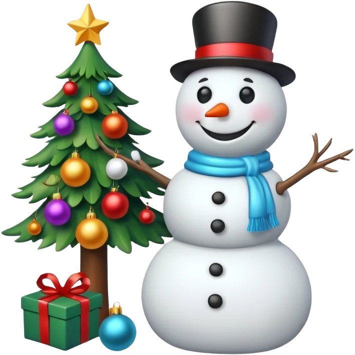 Christmas tree with snow man putting on ornaments  emoji