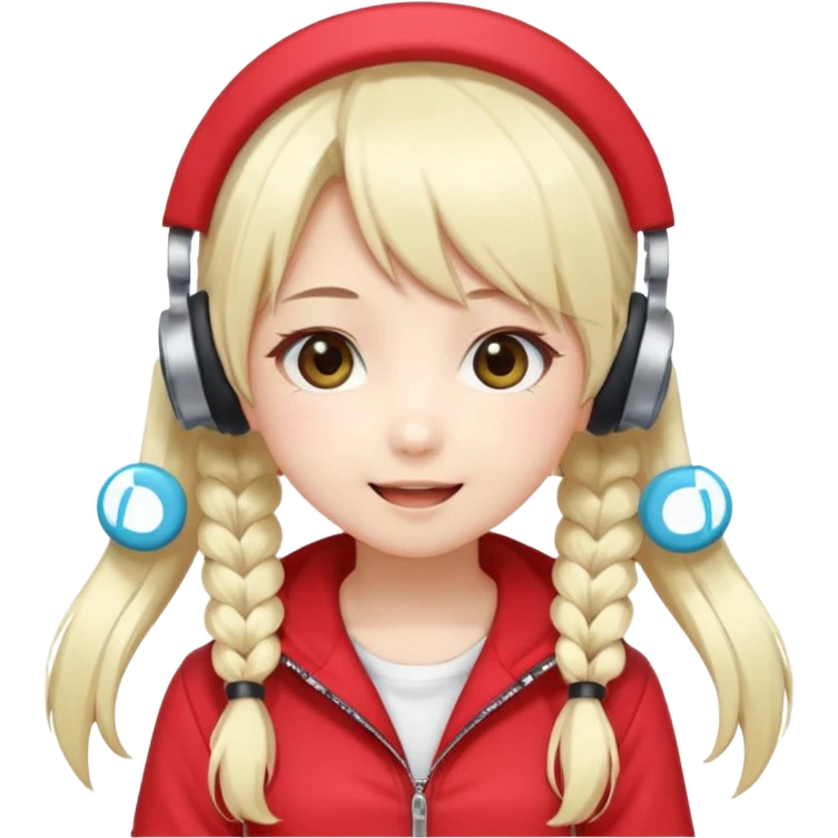 Cute kawaii emoji-style Japanese K-pop singer girl, long platinum blonde hair in twin tails, red outfit, headset mic on cheek, Japanese K-pop idol vibes, big sparkling eyes, chibi proportions, clean lineart, pastel colors, cheerful idol smile, sticker/emoji style, transparent background emoji