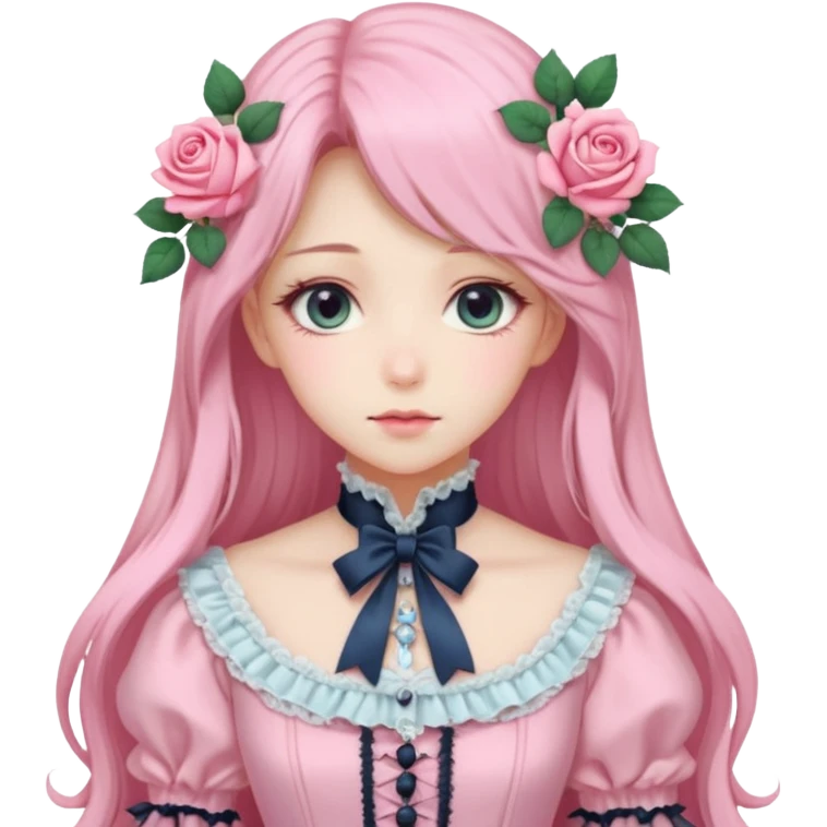 Gorgeous pastel anime lady with long hair and pink victorian style clothes and roses emoji