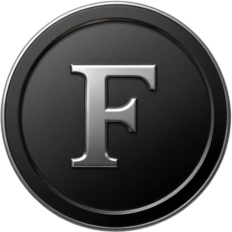 Emoji icon of a black coin with engraved letter F, minimalist style, isolated emoji
