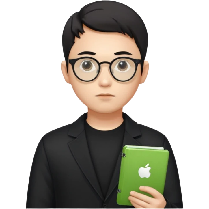 a asia white man guy his 26olds wearing an apple notebook, wearing bodyguard radio operator, round glasses, black clothes emoji