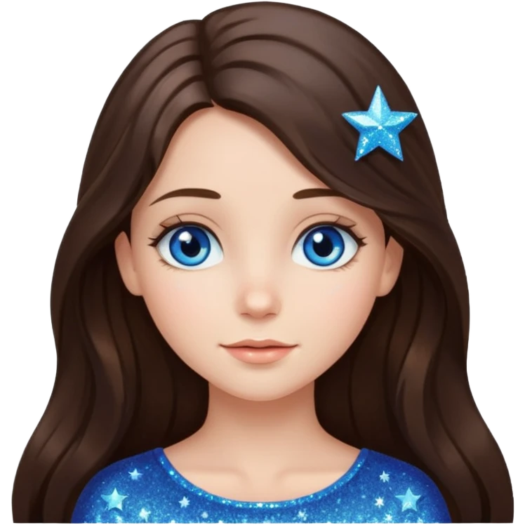 brunette long hair girl with blue eyes sparkling with love glitter and stars instead of eyes emoji