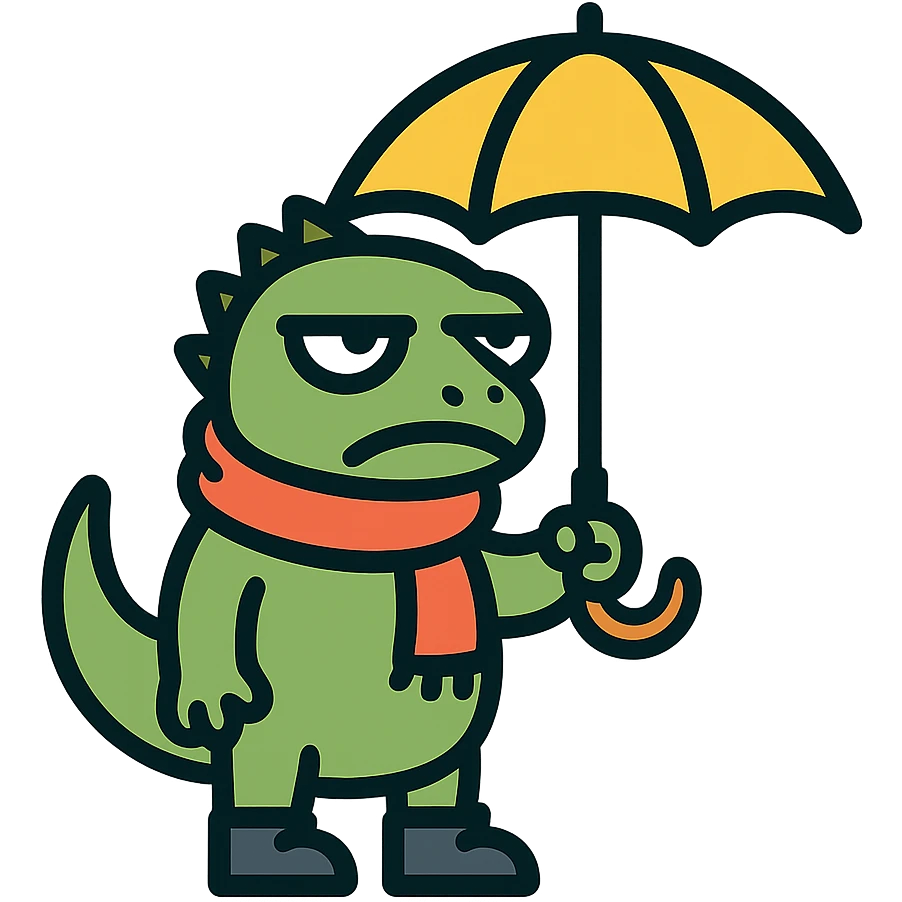 lizard wearing shoes and a scarf, holding an umbrella, grumpy expression emoji