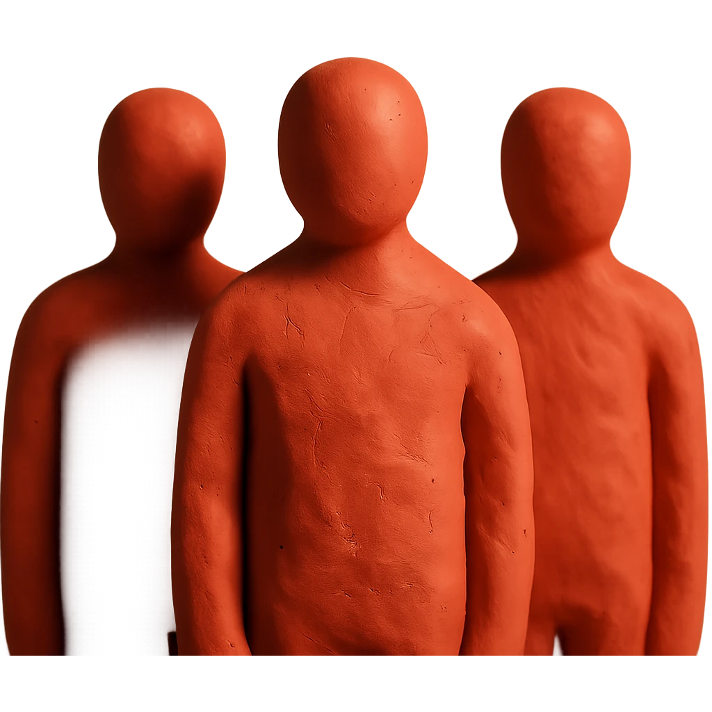3 red faceless people standing side by side emoji
