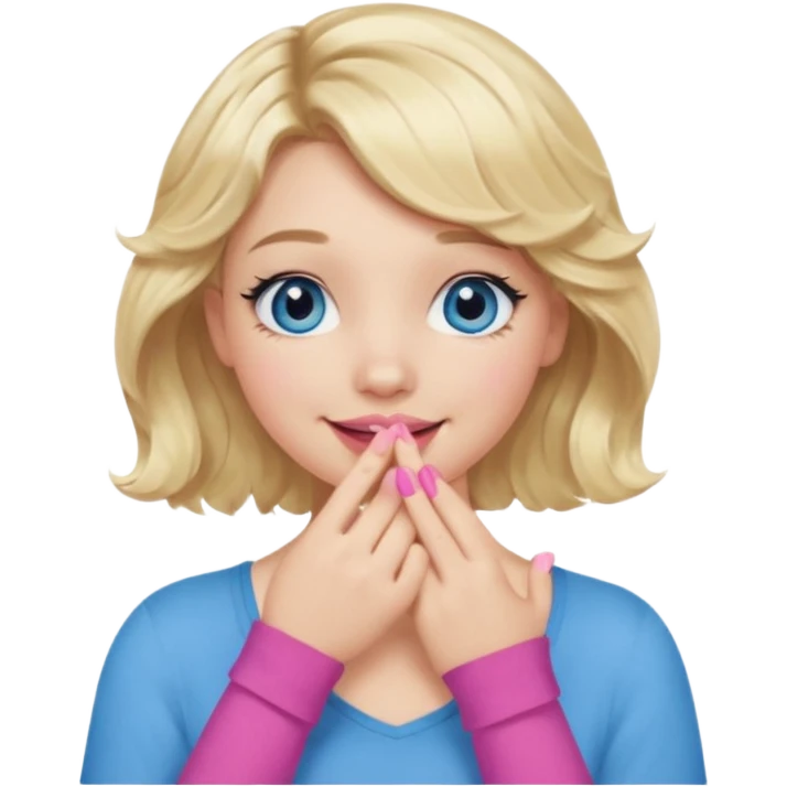 Girl Blonde short wavy hair,  blue eyes, cute blue top, long lashes, pink lips, smiling, hand covering the mouth emoji