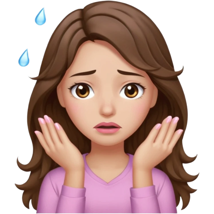 girl with wavy long brown hair, brown eyes, light to medium complexion, long lashes, light pink lipstick, wearing light pink shirt, weeping big big tears emoji
