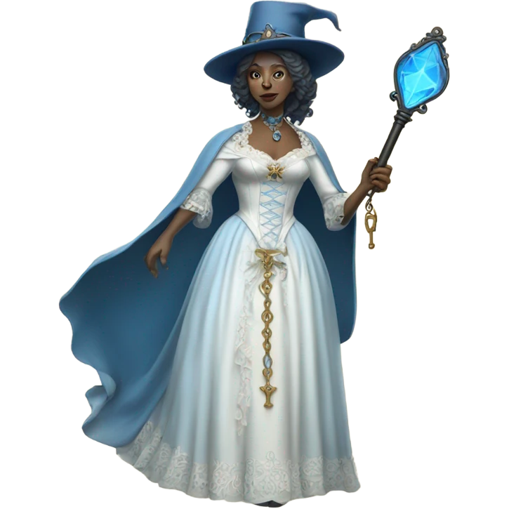 blue witch woman login holding a big key in white victorian dress, full body emoji