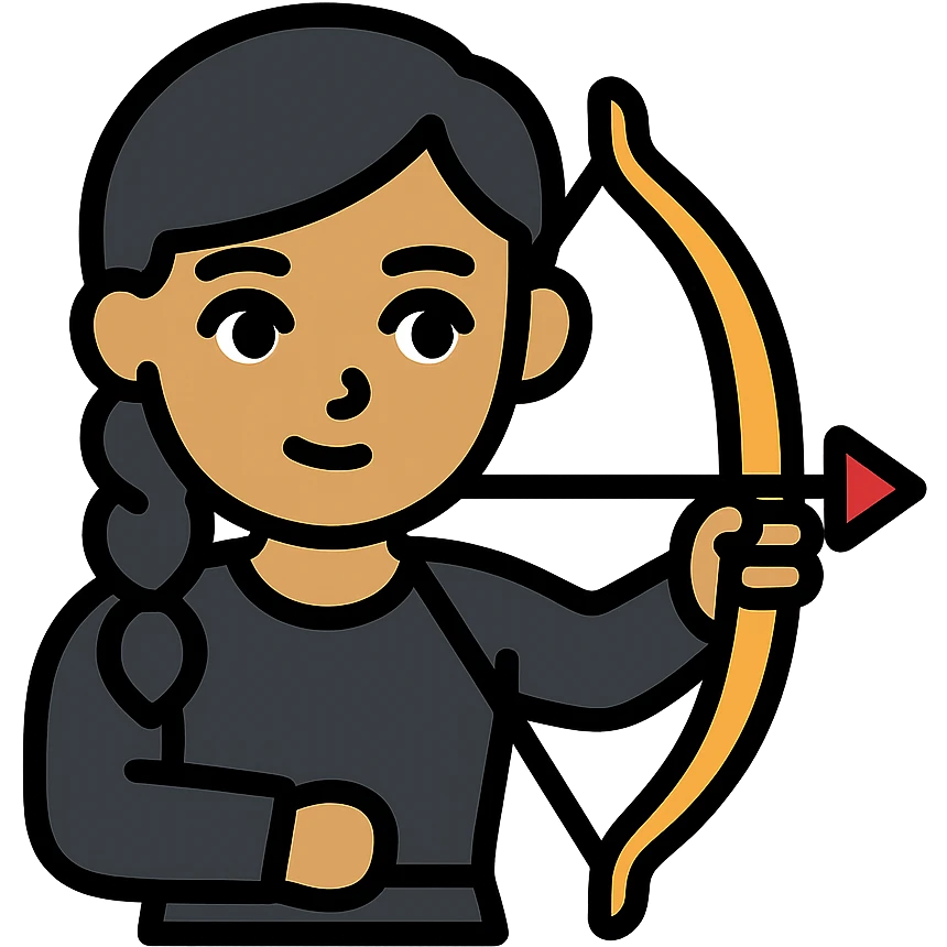 girl with olive skin, gray eyes, black hair in a side braid, wearing a black outfit, holding a bow and arrow emoji