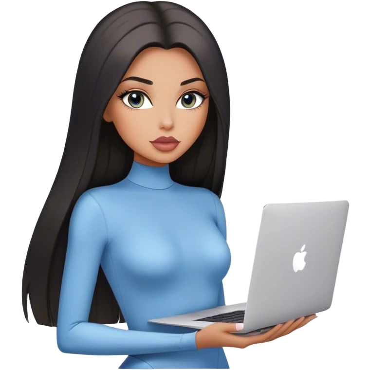 Glamours, tanned, very beautiful girl, with big pump peach-beige-rose lips, black straight smooth silky long hair, straight parting, blue-grey eyes, in bodysuit holding MacBook emoji