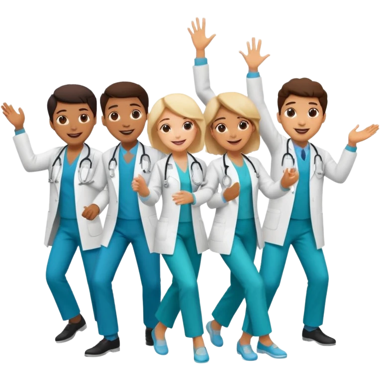 doctors in white coats of different ethnic background and both sexes dancing / doing cardio emoji