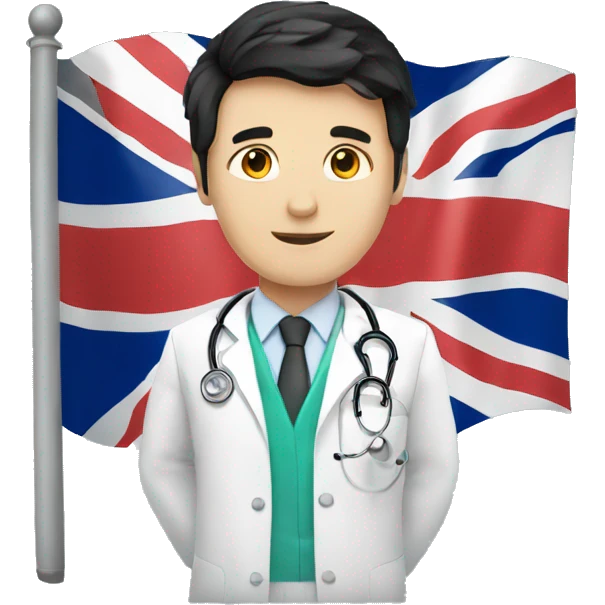 white male doctor with black hair holding the united kingdom flag emoji