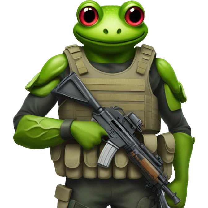 a soldier with a frog head with a weapon in his hand in a bulletproof vest emoji