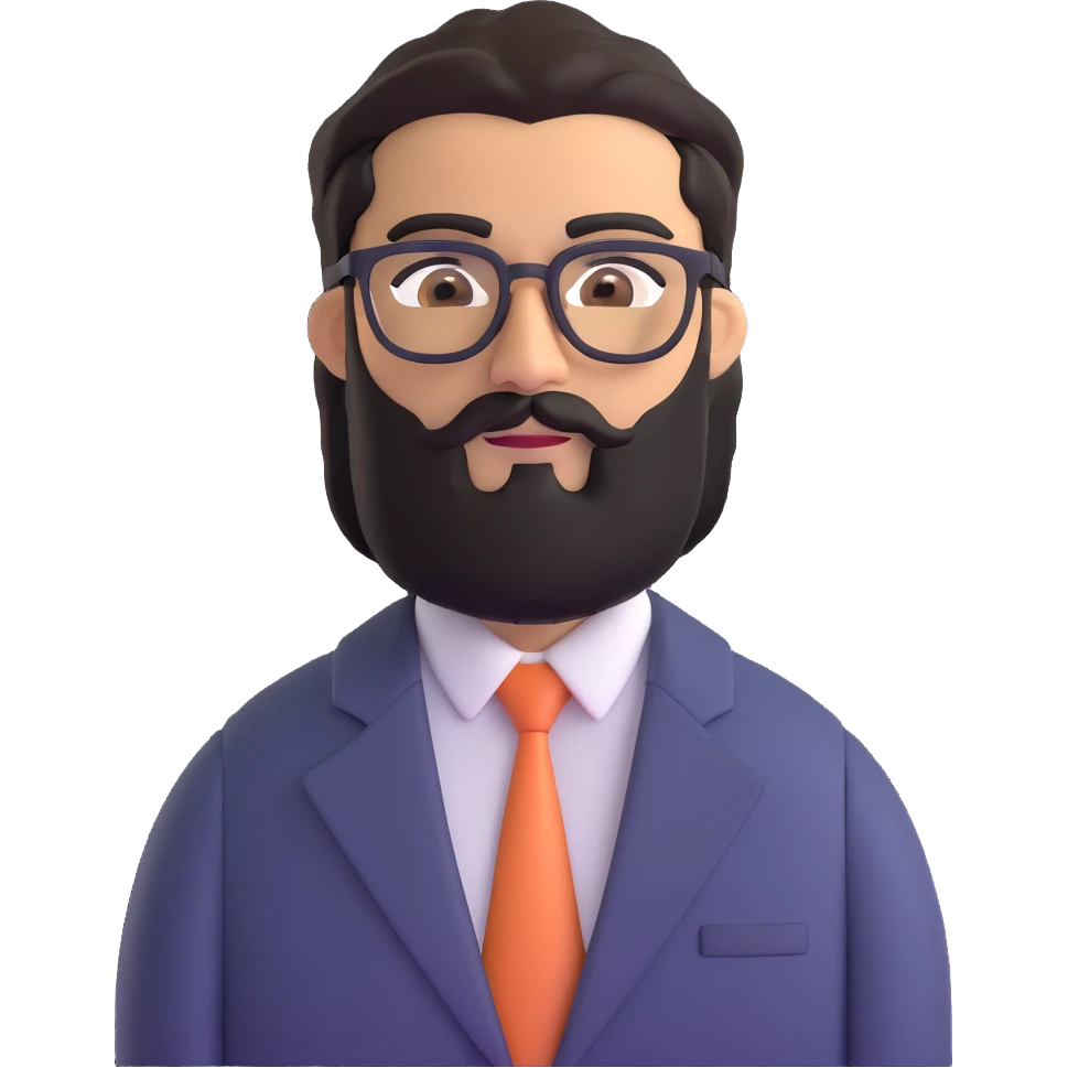 professional middle eastern businessman with medium length black beard, black hair, thick unibrow, elongated aquiline nose, tan skin, brown eyes, glasses, wearing a formal suit emoji