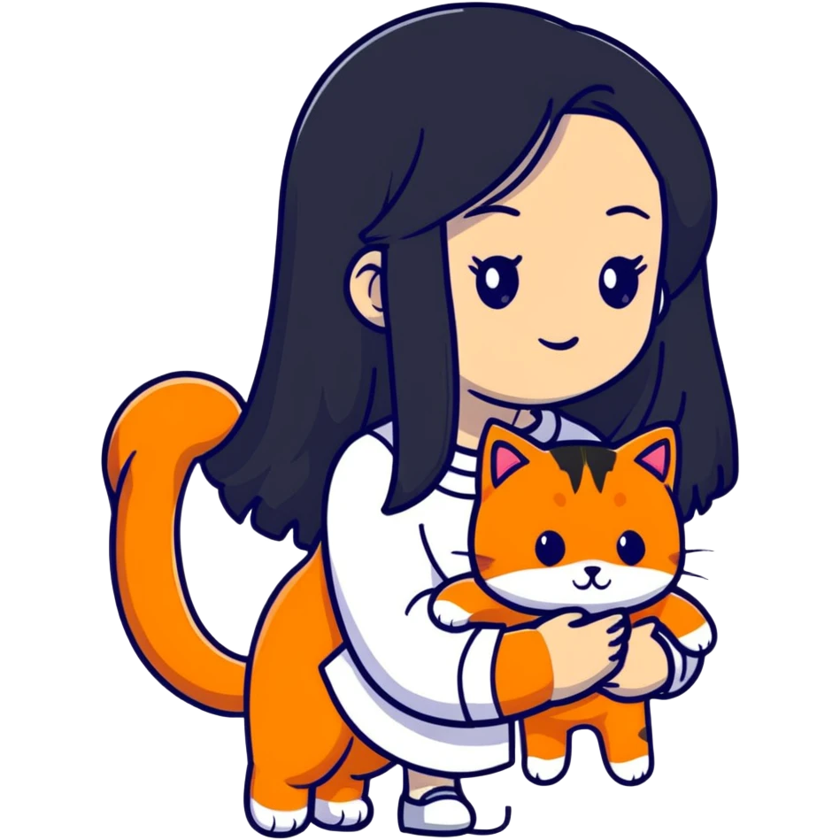 girl with long black hair holding an orange cat emoji