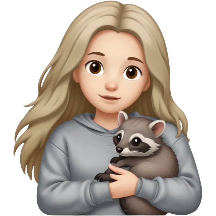 A long-haired girl with brown bleached hair is wearing a sweatshirt and holding a gray civet. emoji