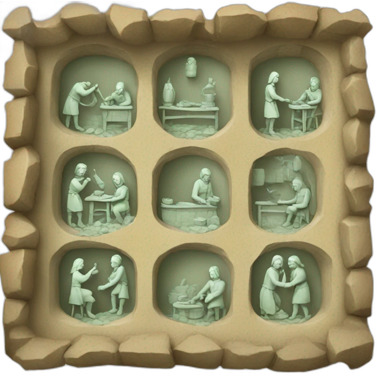 inside of a medieval mint showing different people working inside emoji