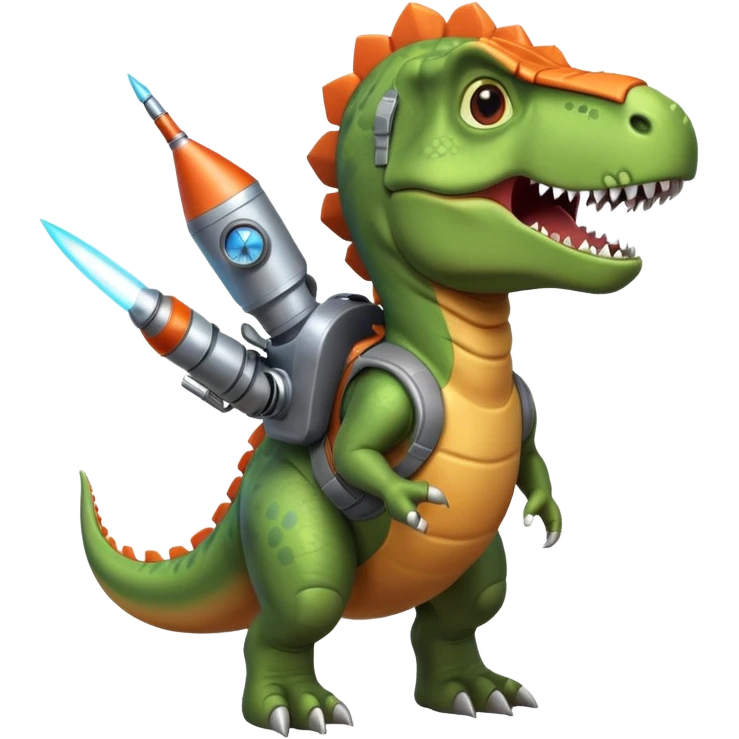 rocket-propelled dinosaur portrait, head and shoulders only, cute T-rex face, rocket pack visible behind shoulders, glowing thrusters, 3D cartoon, mobile game icon style, clean background, no text, no watermark emoji