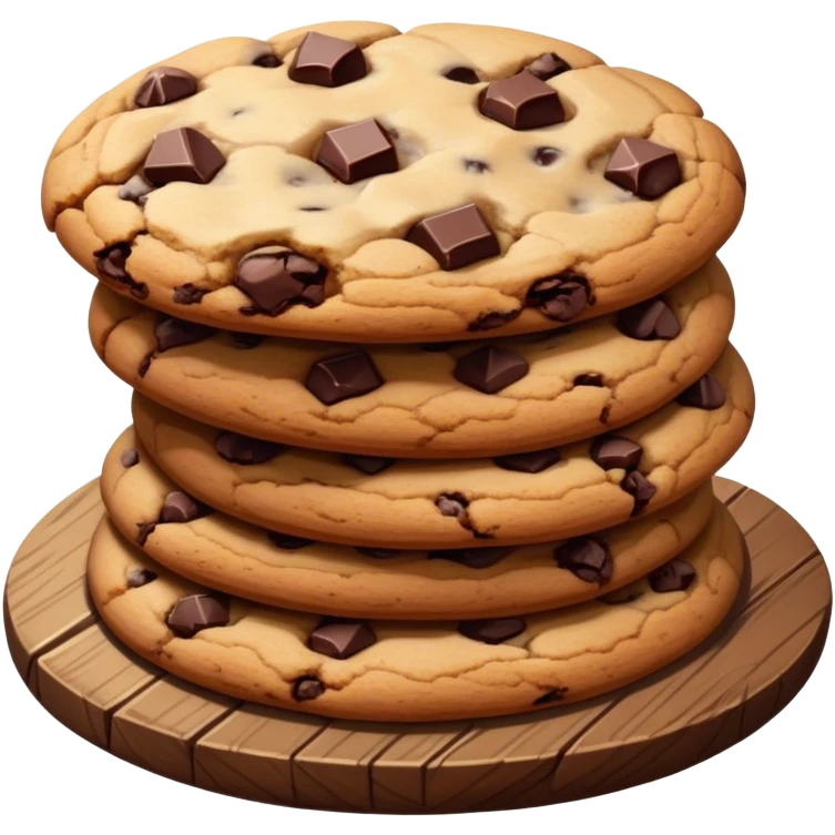 Cinematic crunchy chocolate chip cookies, freshly baked, golden-brown with gooey melted chocolate chunks, stacked on a rustic wooden plate, soft warm lighting, cozy and delicious. emoji