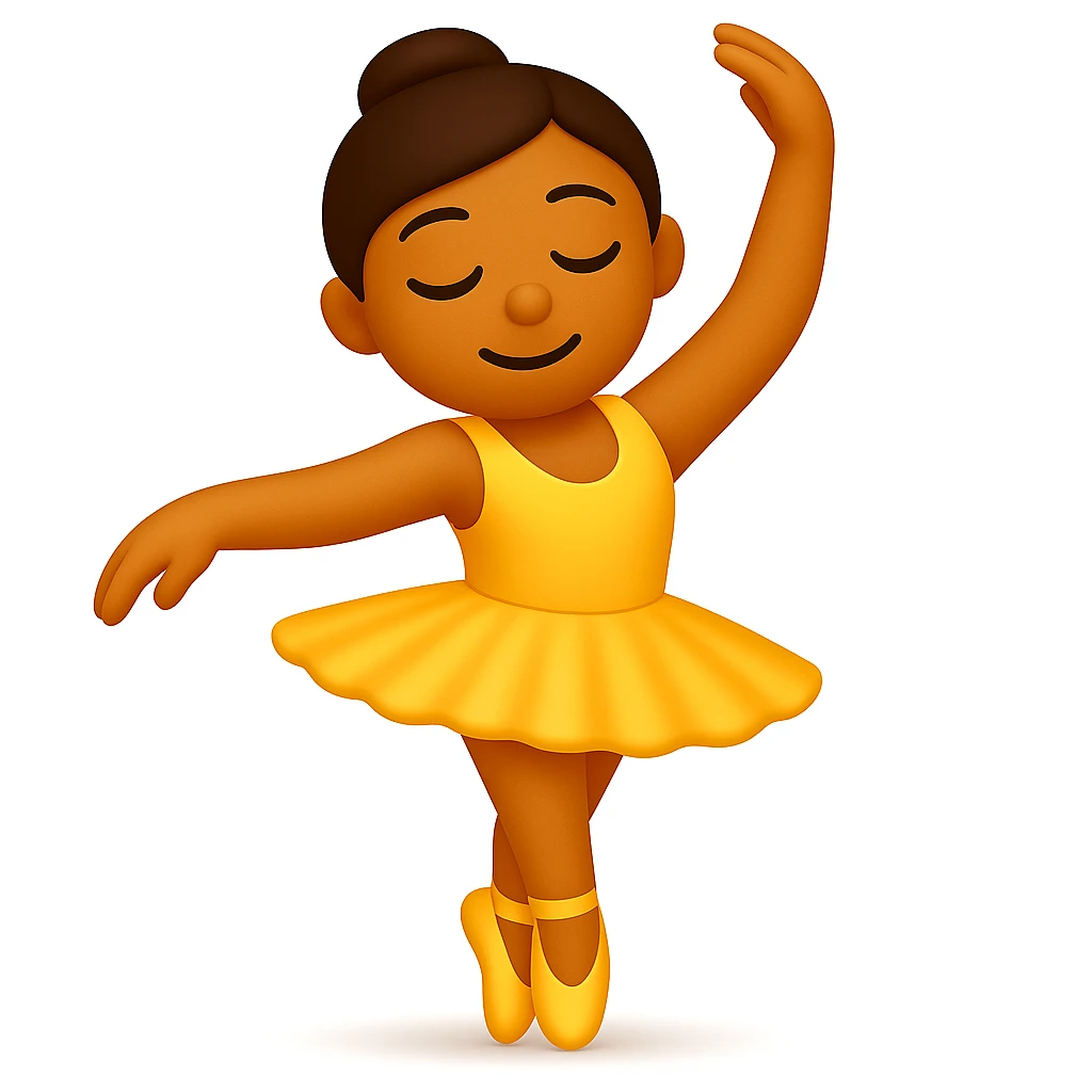 Edit the image to keep the same pose with the right foot on tippy toe in iOS emoji style. Maintain the yellow tutu, elegant, smooth, and shiny look as in the reference. Add a soft shadow under the feet. emoji