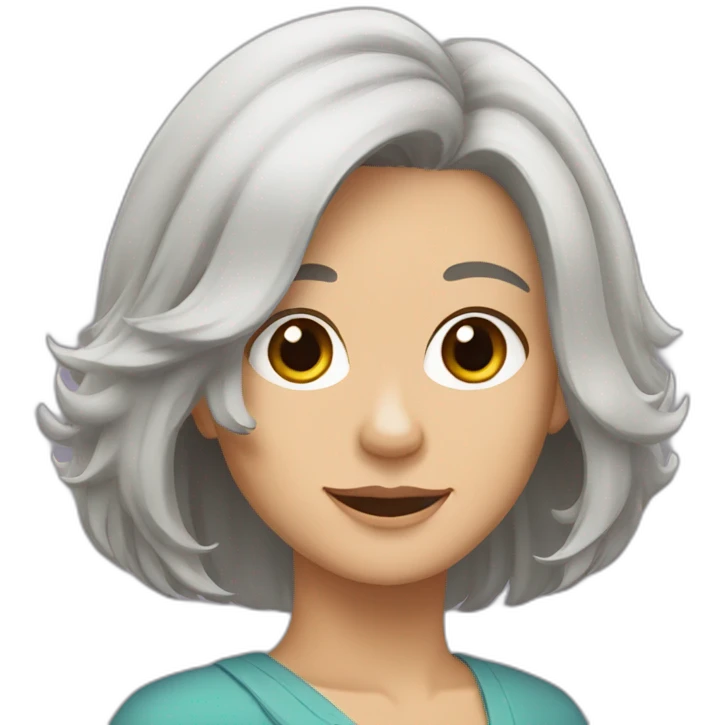 woman with shoulder length grey hair and hazel eyes and shih tzu emoji