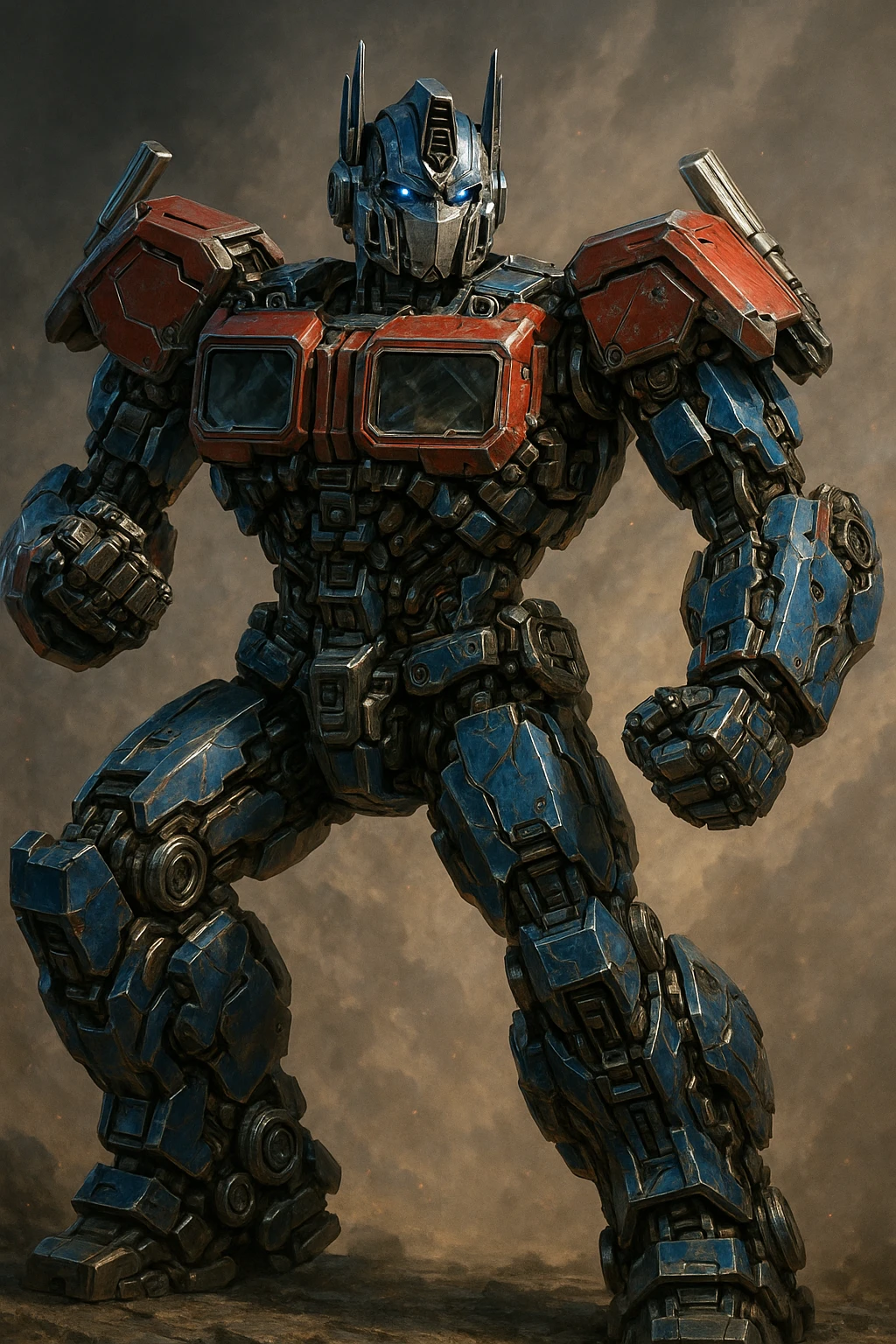 Optimus Prime, detailed robot, heroic pose, metallic blue and red, intricate mechanical details, dynamic lighting, no text emoji
