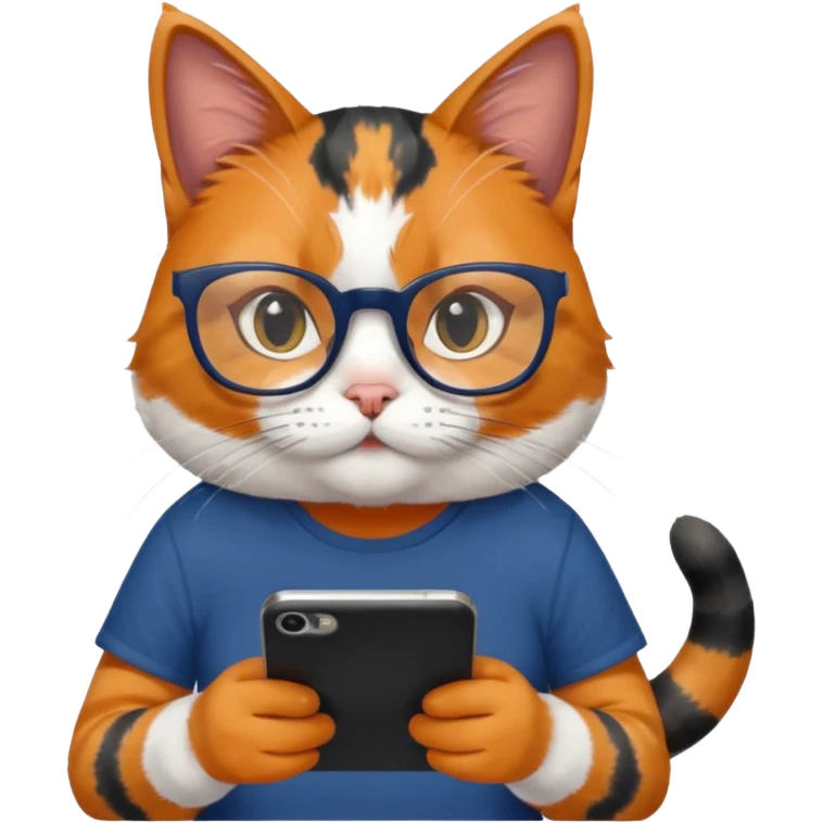 un gato de tres colores naranja, negro y blanco con gafas de leer con un celular en manos leyendo comentarios y que tenga una remera color azul oscuro que diga UOM emoji