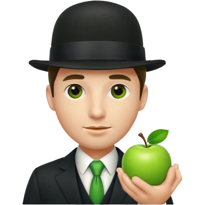 homme en costume chapeu melon aven avec une pomme verte qui cache son visage  emoji