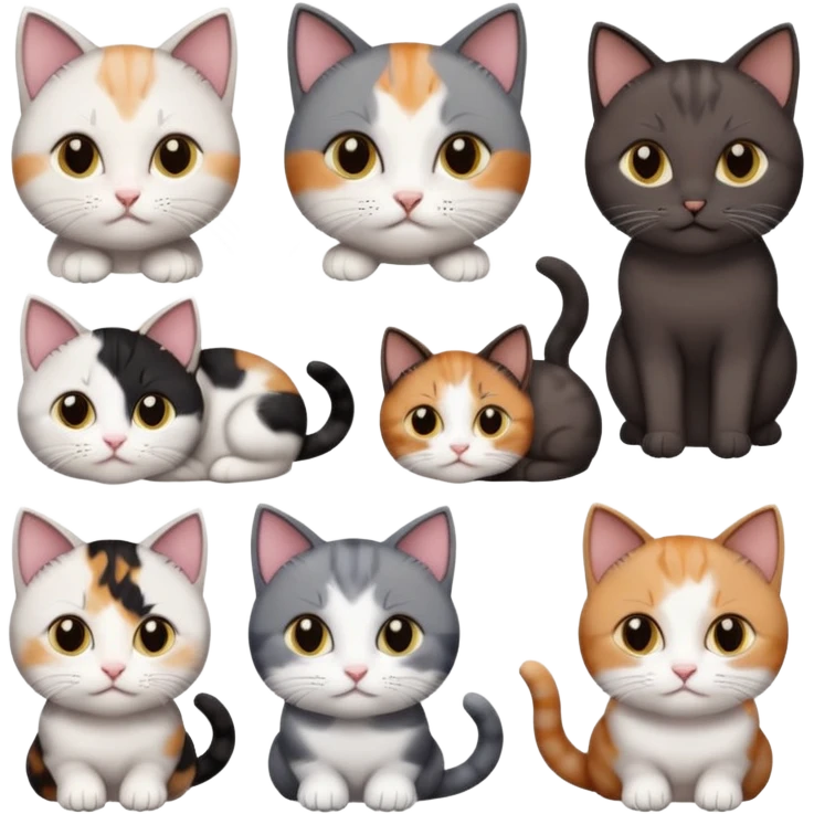 5 different coloured short haired cats including; a dark brown and white cat, and a dark grey and white, and a calico emoji