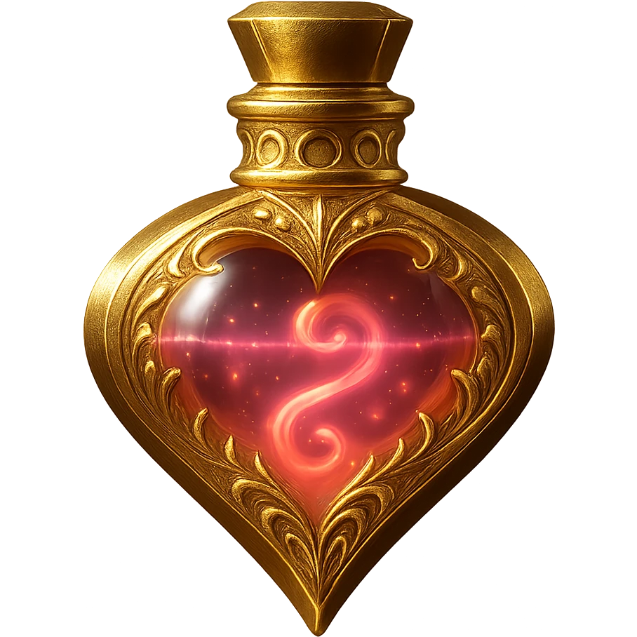 Maintain all main design elements including gold, pink butterflies, magical liquid with effects, transparent background, and sparkle. Change the bottle shape to a diamond form. The design should be elegant with glowing liquid inside and subtle pink effects. emoji