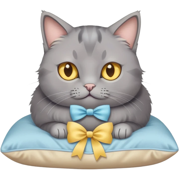 A grey cat with yellow eyes and a light blue bow sits on a beige pillow



 emoji