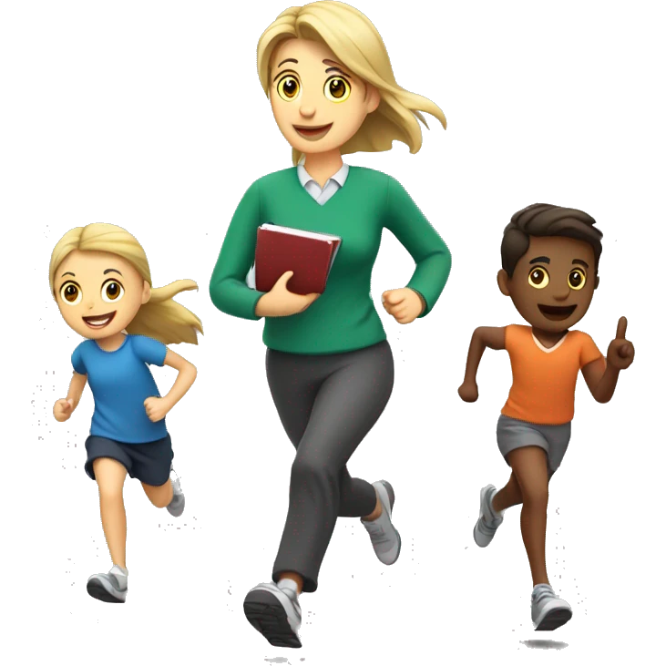 Teacher, running, with kids and compu emoji