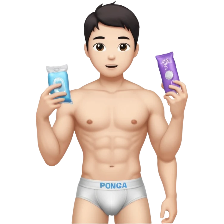 Male shirtless white skin Asian korean six pack sexy big dih lean full body without pants hold condom and jerking off with a little bit hair upper underwear don’t hold any stuff emoji