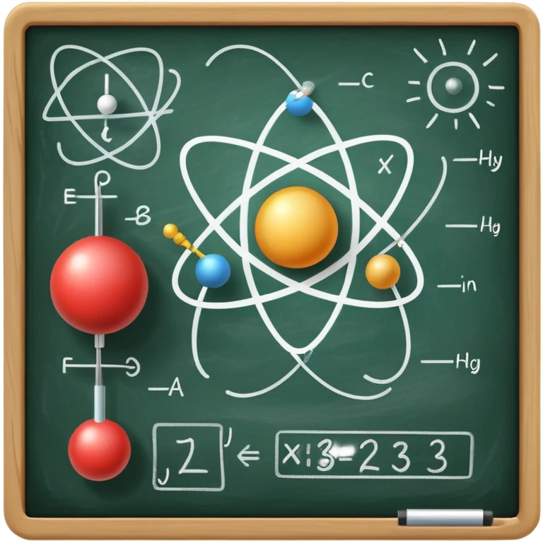 An icon featuring an atom model, a chalkboard with formulas, and a magnet with field lines, symbolizing physics. The design includes a pendulum, light waves, and circuit elements, representing the study of matter, energy, and forces. Transparent background highlights scientific emoji