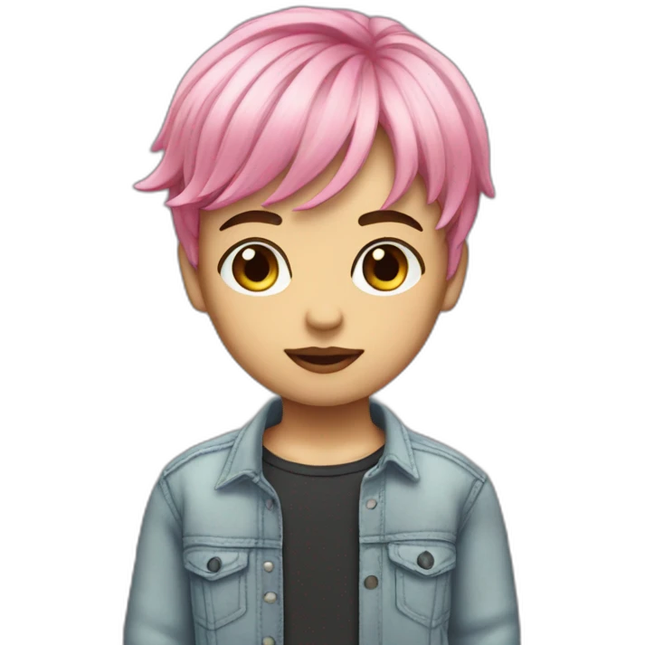 1Boy, long bangs, pink hair, lipstick, eyelashes, cute outfit, emoji