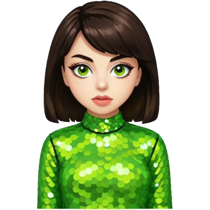 Charli XCX with dark brown hair, lime green sequin outfit emoji