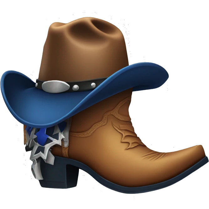 Rustic cowboy boot with spur and a dark blue cowboy hat on top emoji