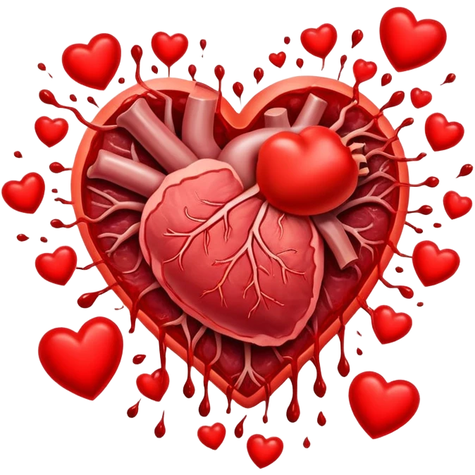 Glowing pieces of red meat and liver floating around a bright red heart and shining blood cells. Red energy streams connect the meats to the blood and heart, showing how heme iron creates vitality and supports circulation throughout the body. emoji