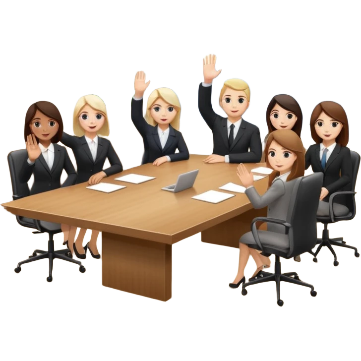 saying goodbye a group of coworkers hand up in meeting room in long rectangular table emoji
