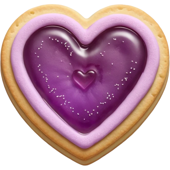 Realistic shortbread cookie in the shape of a heart with mauve jelly middle filling and sprinkled powder sugar on top. emoji