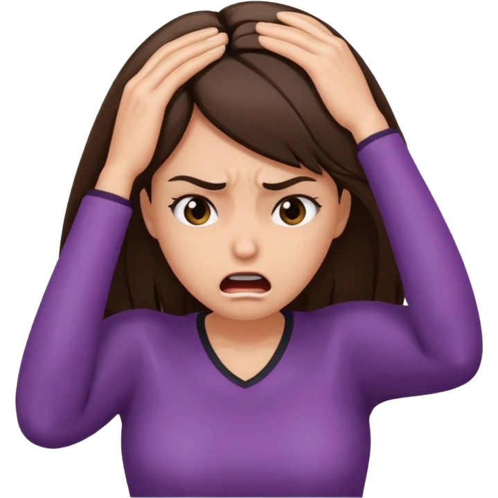 female pulling her hair with mad face, face palm, brunette emoji