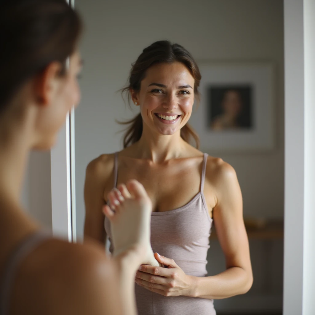 realistic 4K woman in front of mirror putting on insole and smiling, reflection shows discomfort expression suggesting relief won't last emoji