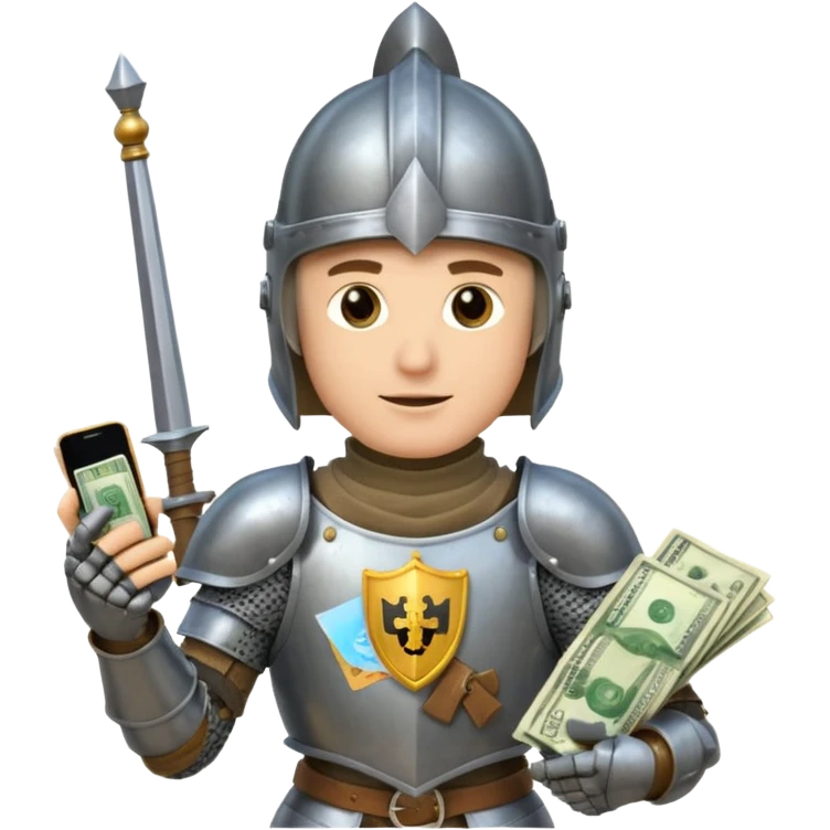 Knight with helmet holding phone and money emoji